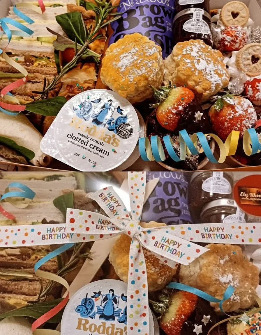 Birthday afternoon tea box with scones, sandwiches and clotted cream