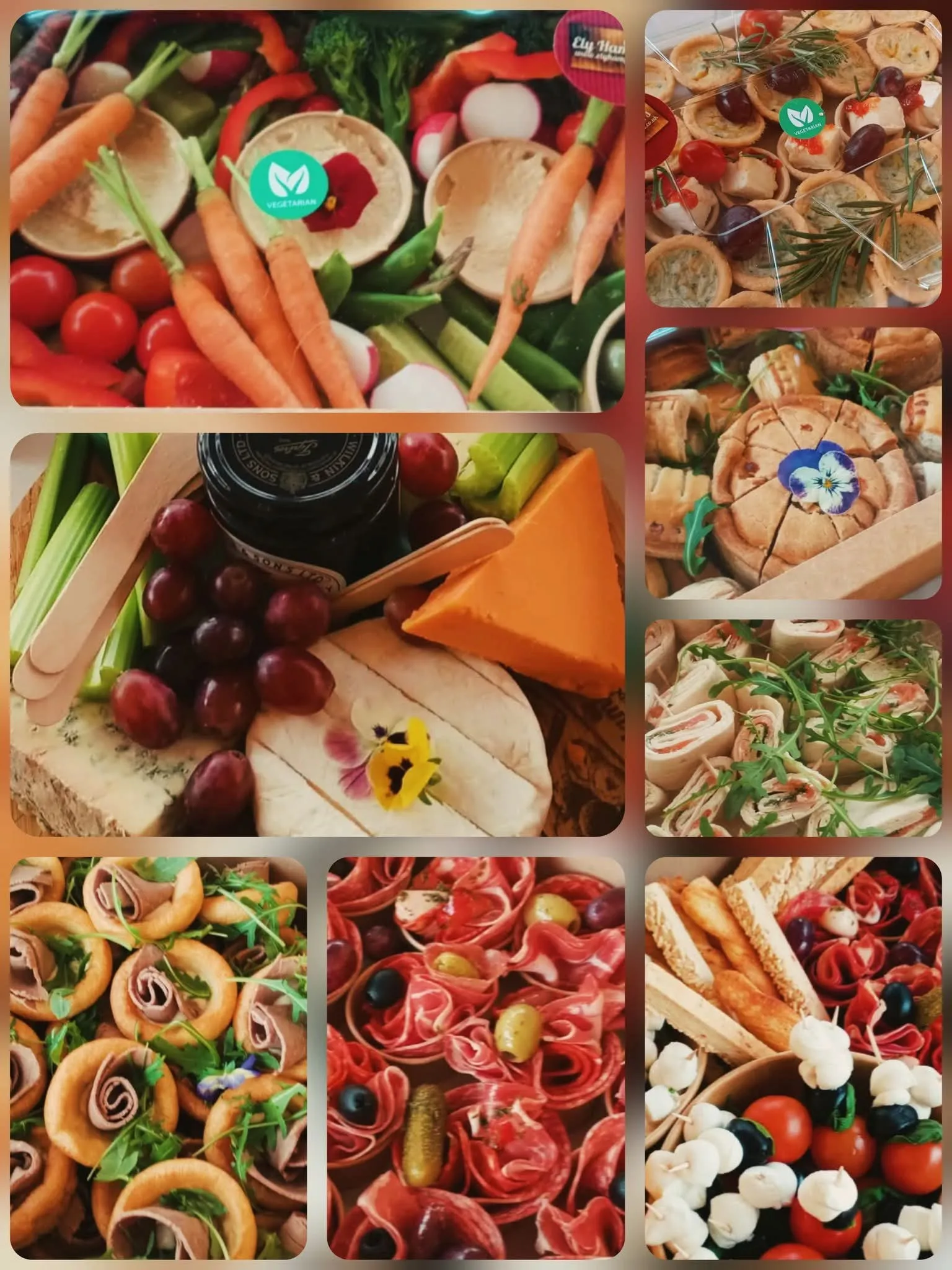 Sharing platter buffet with sandwiches, cheese, charcuterie and cakes