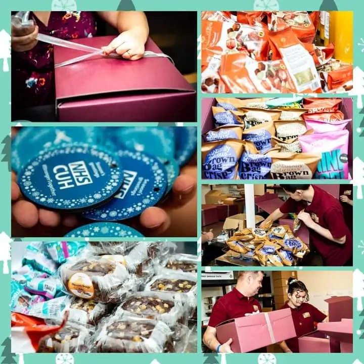 A bulk corporate hamper order — multiple hampers ready for delivery