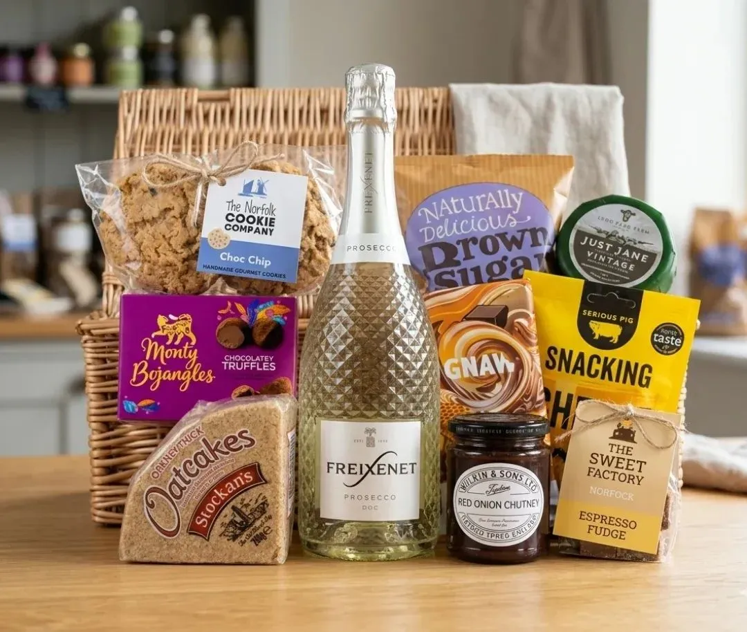 Wicker basket gift hamper with prosecco, oatcakes and chocolates
