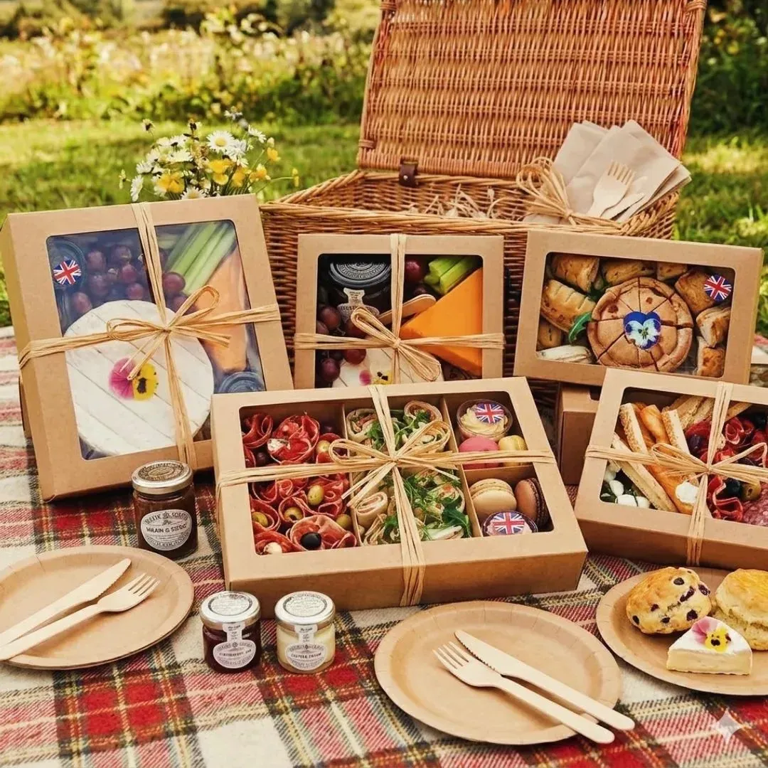 Picnic boxes spread across a tartan blanket with a wicker hamper, scones, charcuterie and salad