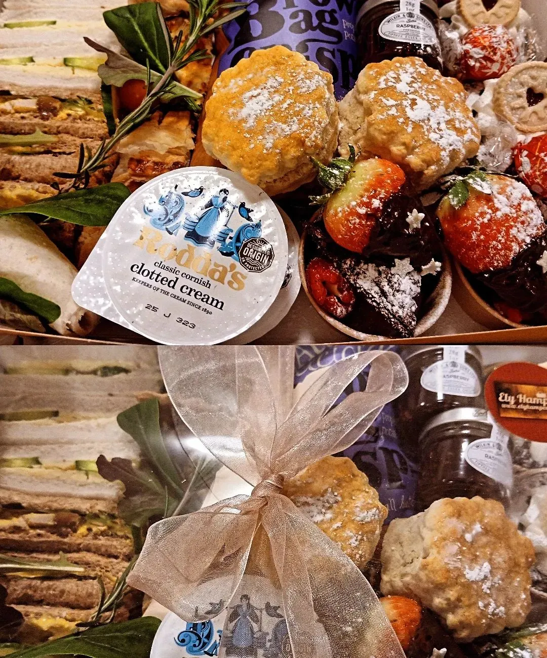 Afternoon tea box for two with sandwiches, scones, brownies and berries