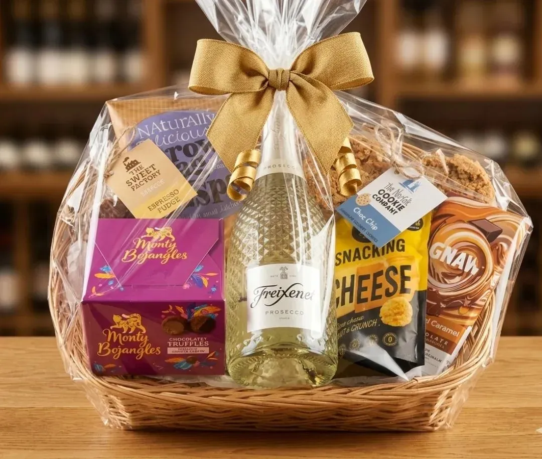 Wicker tray with prosecco, snacks and chocolate